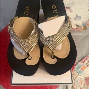 GUESS Gold Crystal-Embellished Thong Sandals
